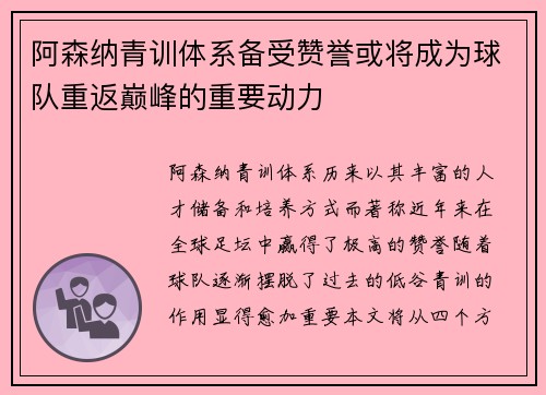 阿森纳青训体系备受赞誉或将成为球队重返巅峰的重要动力