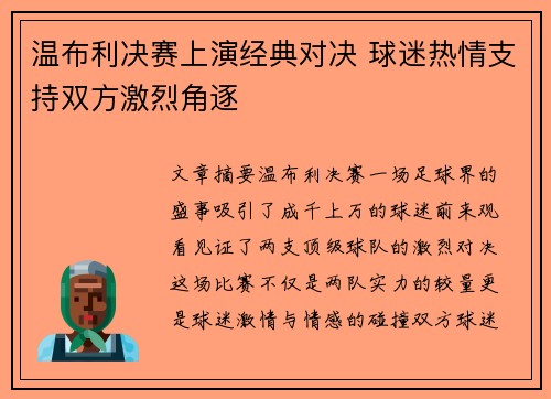 温布利决赛上演经典对决 球迷热情支持双方激烈角逐