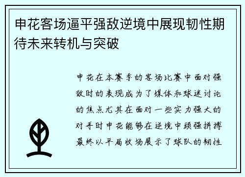 申花客场逼平强敌逆境中展现韧性期待未来转机与突破