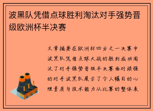 波黑队凭借点球胜利淘汰对手强势晋级欧洲杯半决赛