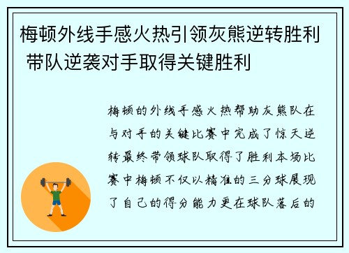 梅顿外线手感火热引领灰熊逆转胜利 带队逆袭对手取得关键胜利