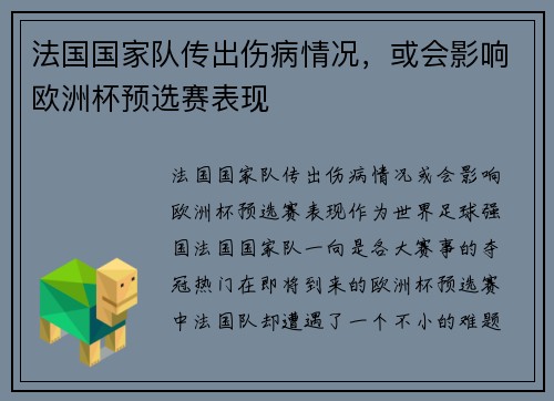 法国国家队传出伤病情况，或会影响欧洲杯预选赛表现