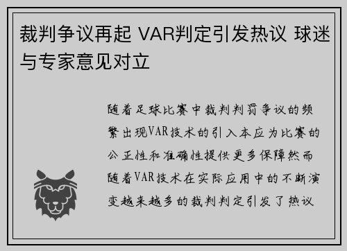 裁判争议再起 VAR判定引发热议 球迷与专家意见对立